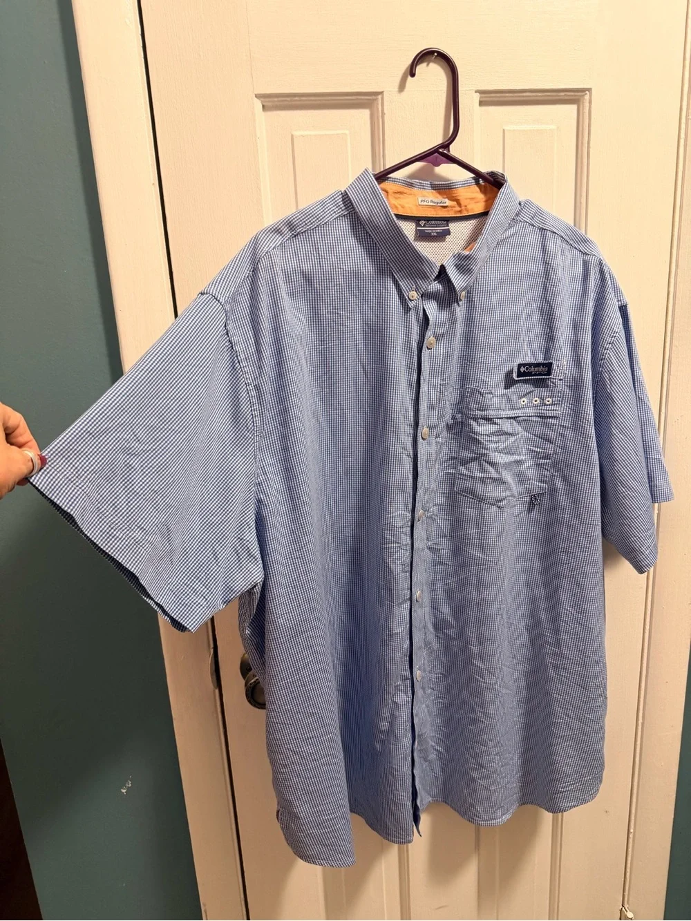 Columbia PFG Light Blue & White Mini-Check Short Sleeve Button-Up XXL